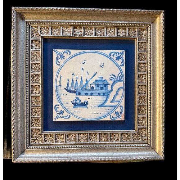 VTG Dutch Delft Blue and White Tile Holland Framed Wall Hanging - Picture 1 of 5